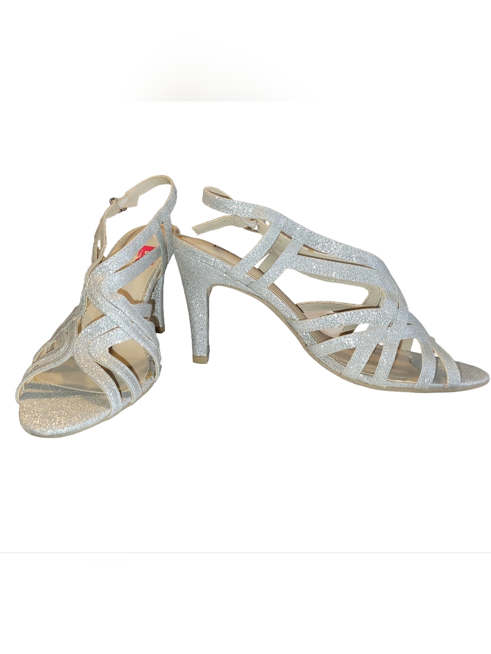 NWOT Rialto Randie Silver Glitter Strappy Sandal Heels Evening Wedding 8.5